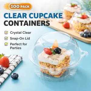 100 Jumbo Muffin Containers – Clear Plastic Cupcake Containers with Flip Design, Cartoon Shape Individual Bakery Boxes for Large Muffins, Cupcakes, Desserts