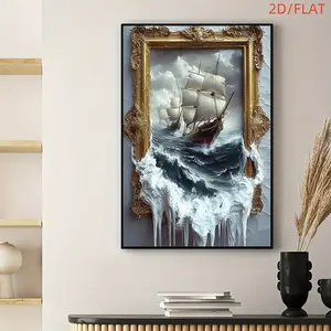 2D Flat - 1pc Stunning Golden Framed Sailing Boat in the Waves Canvas 2D Flat Print Poster, Modern Wall Art Decor Painting for Bathroom, Bedroom, Living Room, Dining Room, Toilet Decoration and Accessories, Wall Decor, 2D Flat