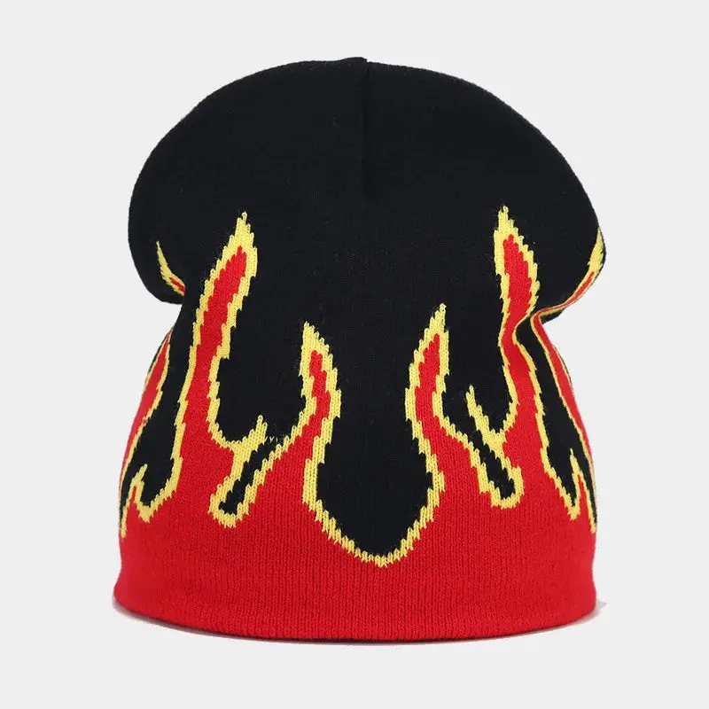 Unisex Flame Jacquard Knit Beanie - Soft Stretch Polyester Pull-On, Beanie Fitted Hat, Casual Trendy Hat for Female, Ideal for Casual & Outdoor Sports