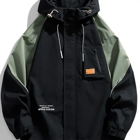 Veiskor Men's Hooded Spliced Longsleeves Jacket - Front Pocket, Casual Workwear Top for Spring & Autumn Outdoor Activities, Menswear Jackets & Coats (Black)