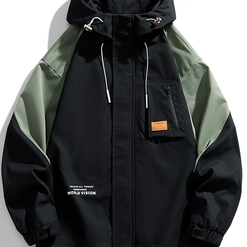 Veiskor Men's Hooded Spliced Longsleeves Jacket - Front Pocket, Casual Workwear Top for Spring & Autumn Outdoor Activities, Menswear Jackets & Coats (Black)