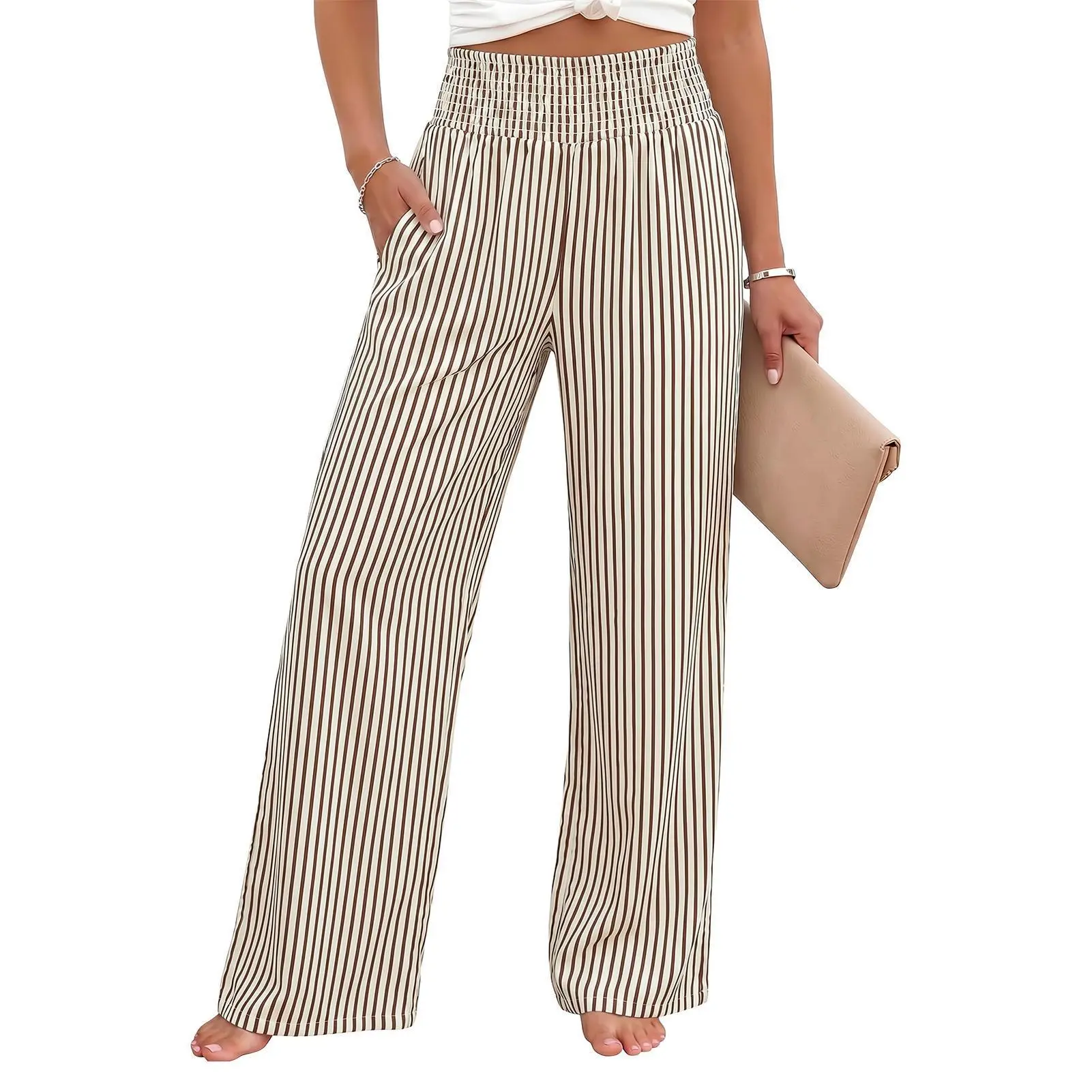 Imily Bela Women's Striped Gingham Wide Leg Pants High Waisted Smocked Casual Flowy Trousers with Pockets