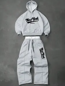 Men's two-piece letter print tracksuit: a hooded sweatshirt and drawstring trousers with lettering and small graphic designs, perfect for fall and winter Sweat Suit Set