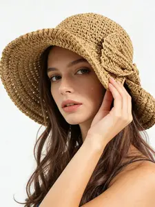 Women's Solid Color Straw Hat with Large Bowknot Decoration, Woven Sun Hat, Fashion Summer Beach Hat, Multifunctional UV Protection