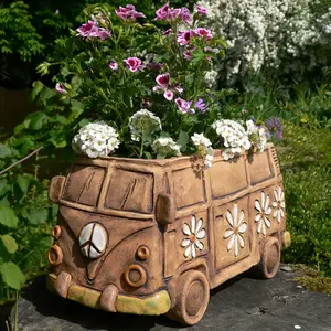 [Vintage Hippie Van Resin Planter] 1pc Vintage Hippie Van Resin Planter - Creative Flower Pot for Indoor & Outdoor Decor - No Electricity Needed