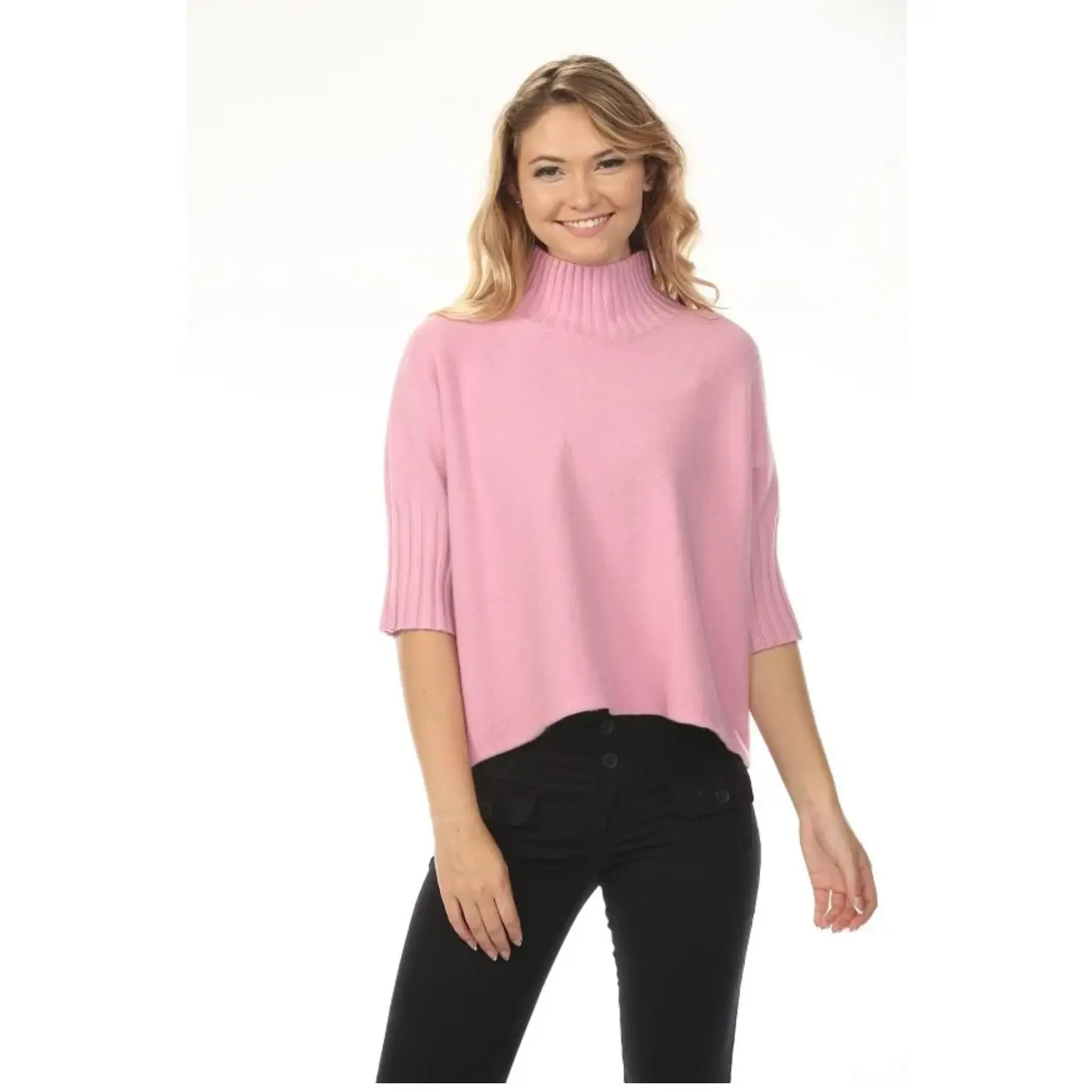 Aria Pleated Sleeve Mock Neck Sweater in Bubble Gum