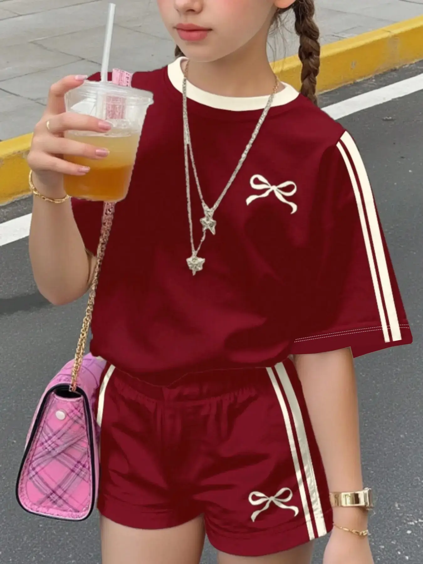 Mini Bowknot Decor Teenage Girls Casual Outfit Set Simple Short Sleeve Round Neck T-Shirt and Shorts Set, Summer Fall, Summer Clothes Set, Comfortable Fashion, Summer Outfits Set