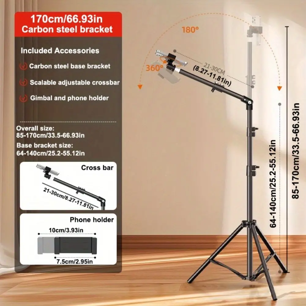 70-Inch Height Adjustment Tripod - Sturdy Metal Floor Stand with Telescopic Arm, 360° Rotatable Head, Universal Mount for Smartphone & Camera, Vlogging Equipment for Live Streaming & Food Photography