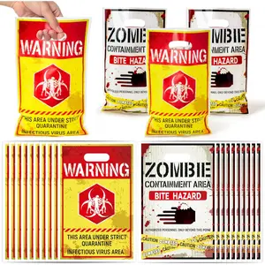 K1tpde 50PCS Halloween Zombie Caution Party Favor Bags, Halloween Theme Warning Printed Plastic Goodie Gift Bags Bulk with Handle for Kids, Zombie Birthday Party Decoration Baby Shower Supplies