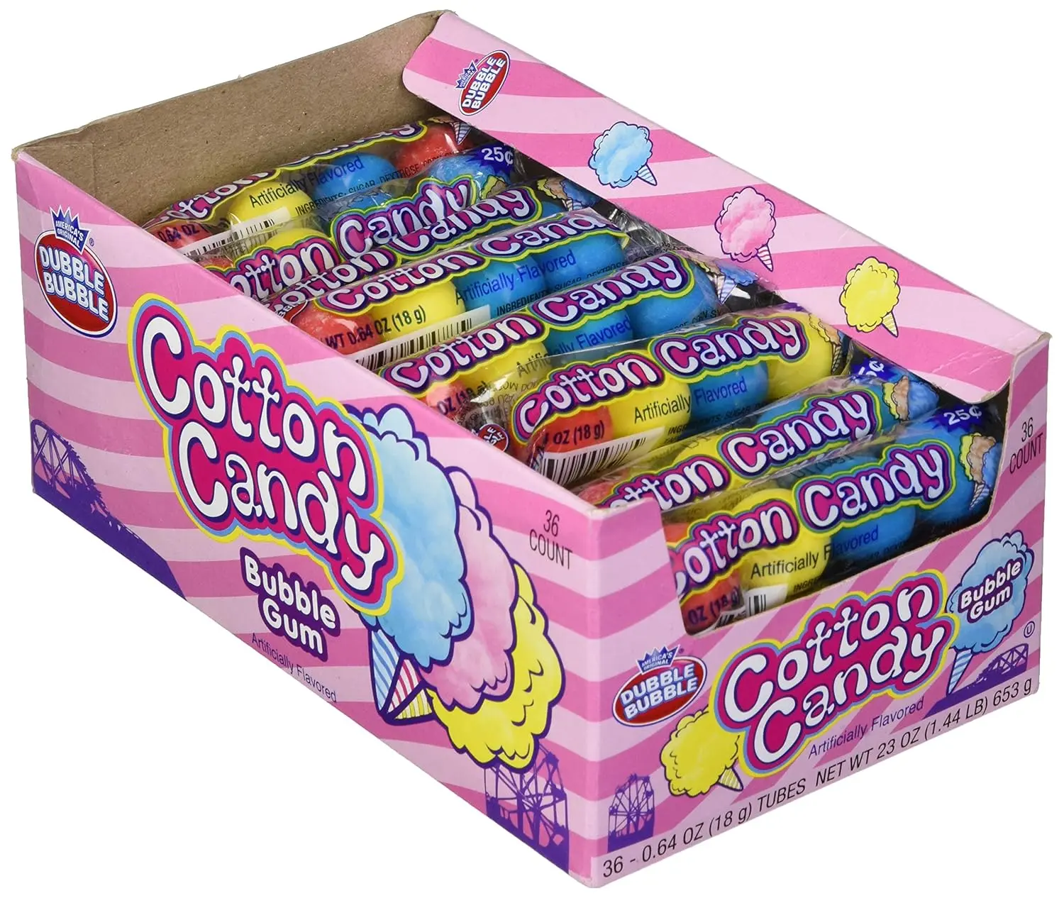 Dubble Bubble Cotton Candy 4-Ball Tube 36 Count Bulk Box – Assorted Blue Raspberry, Lemon & Cherry Flavors, Classic Bubble Gum Candy, Sweet Chewy Gumballs, Party & Candy Machine Treats