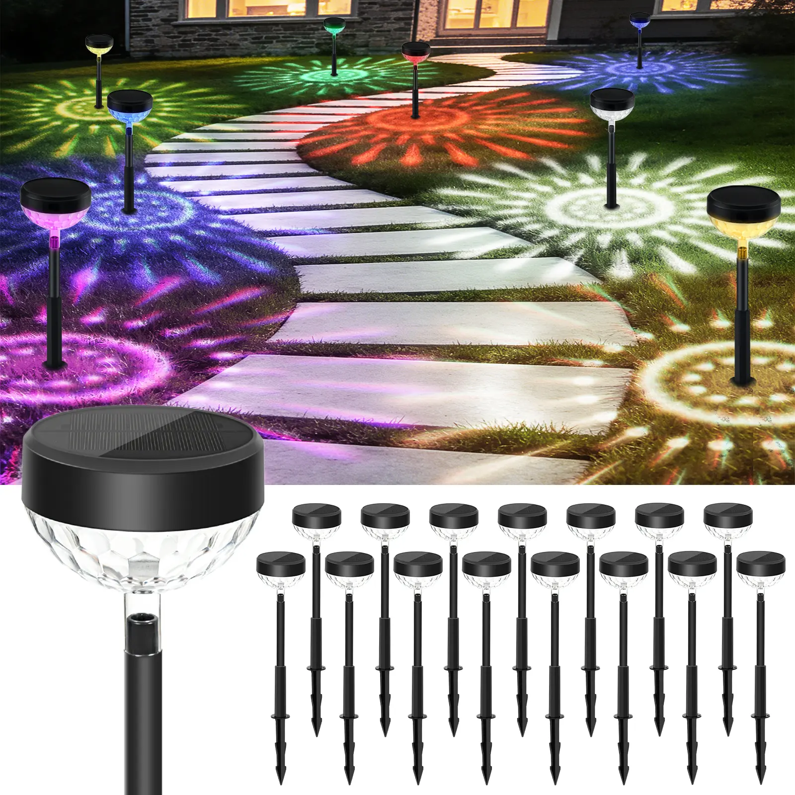 JNOEC Solar Ground Lights - 6/8/12/16 Packs, Outdoor Waterproof LED Auto-Sensor Solar Pathway Lamps, High Brightness, Color-Changing + 8 Fixed Colors (Warm White/Cool White/RGB), Backyard Garden Decor Accessory, Solar Outdoor Lights, Lighted Pathway Light