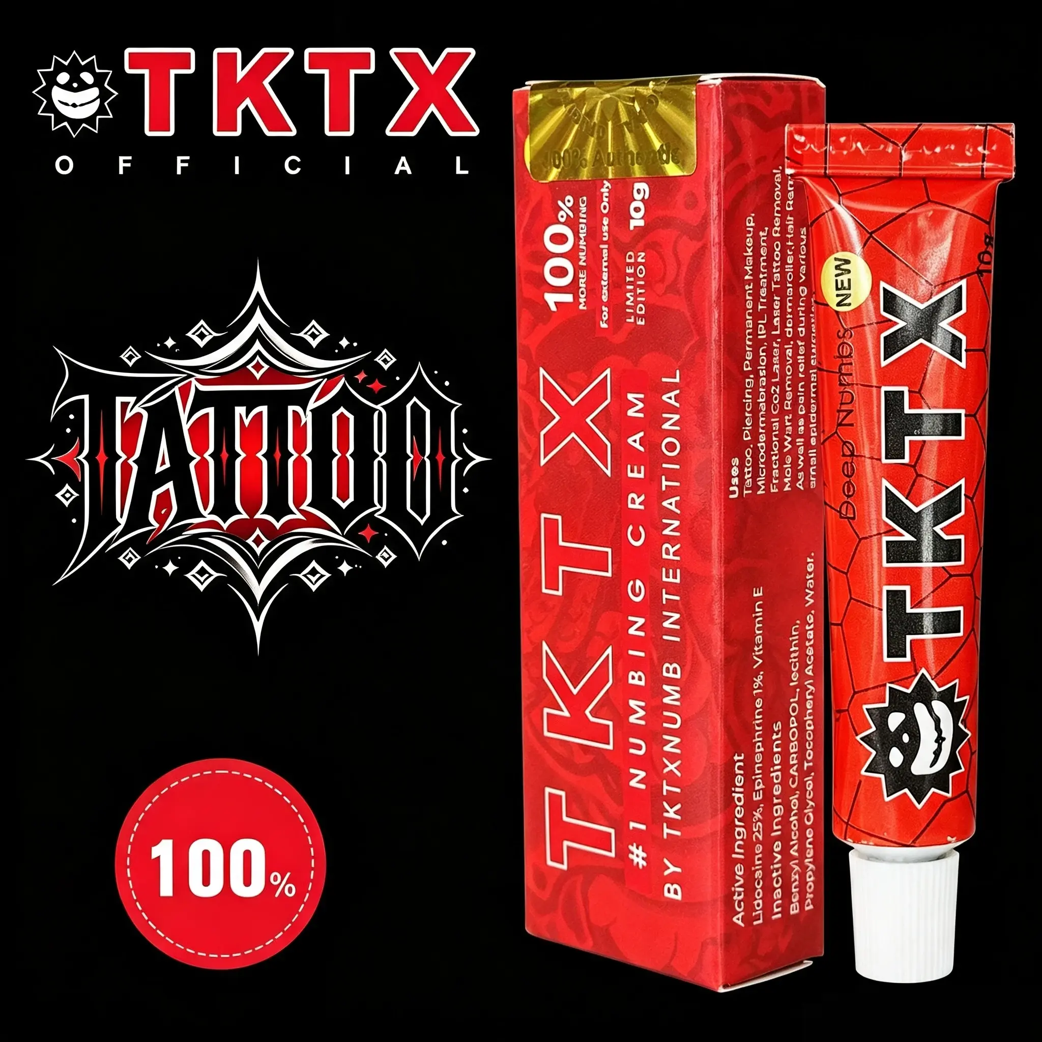 TKTX 100% Maximum Strength Tattoo Numbing Cream - 10g Red Pac - Pain Relief for Tattoos, Waxing - Gentle on Skin, Long-Lasting 6-8 Hour Local Effect