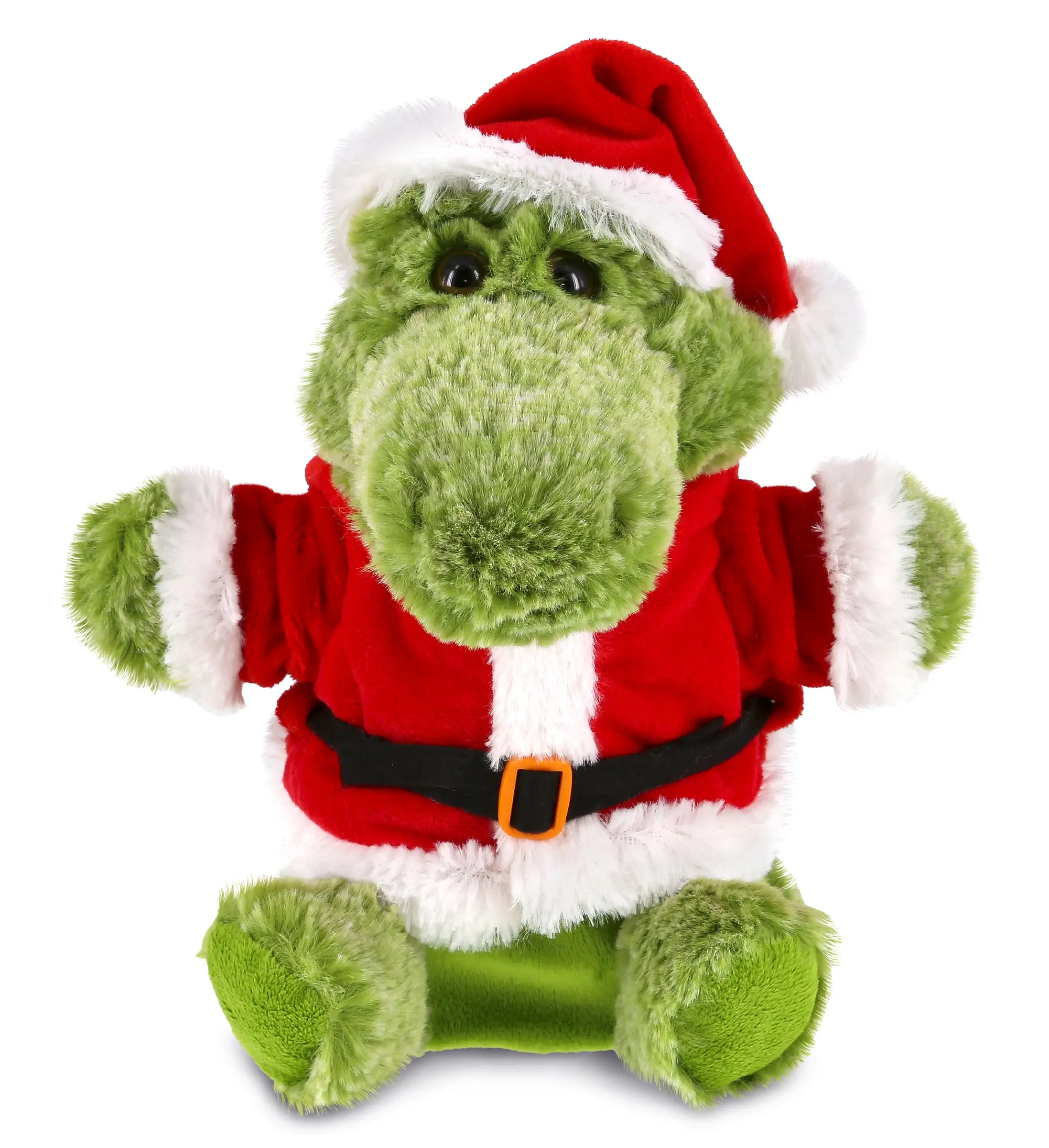 DOLLIBU Unisex Alligator Santa Plush Hand Puppet - Super Soft Stuffed Toy, Black Belt Accent, Christmas Classic Santa Claus Outfit, Adorable Details, Happy Holidays Message, Hand Wash Only, Air Dry Recommended