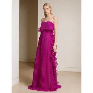 2026 Summer Women Ruched Tube Top Dress Flowy Swing A Line Party Maxi Dress