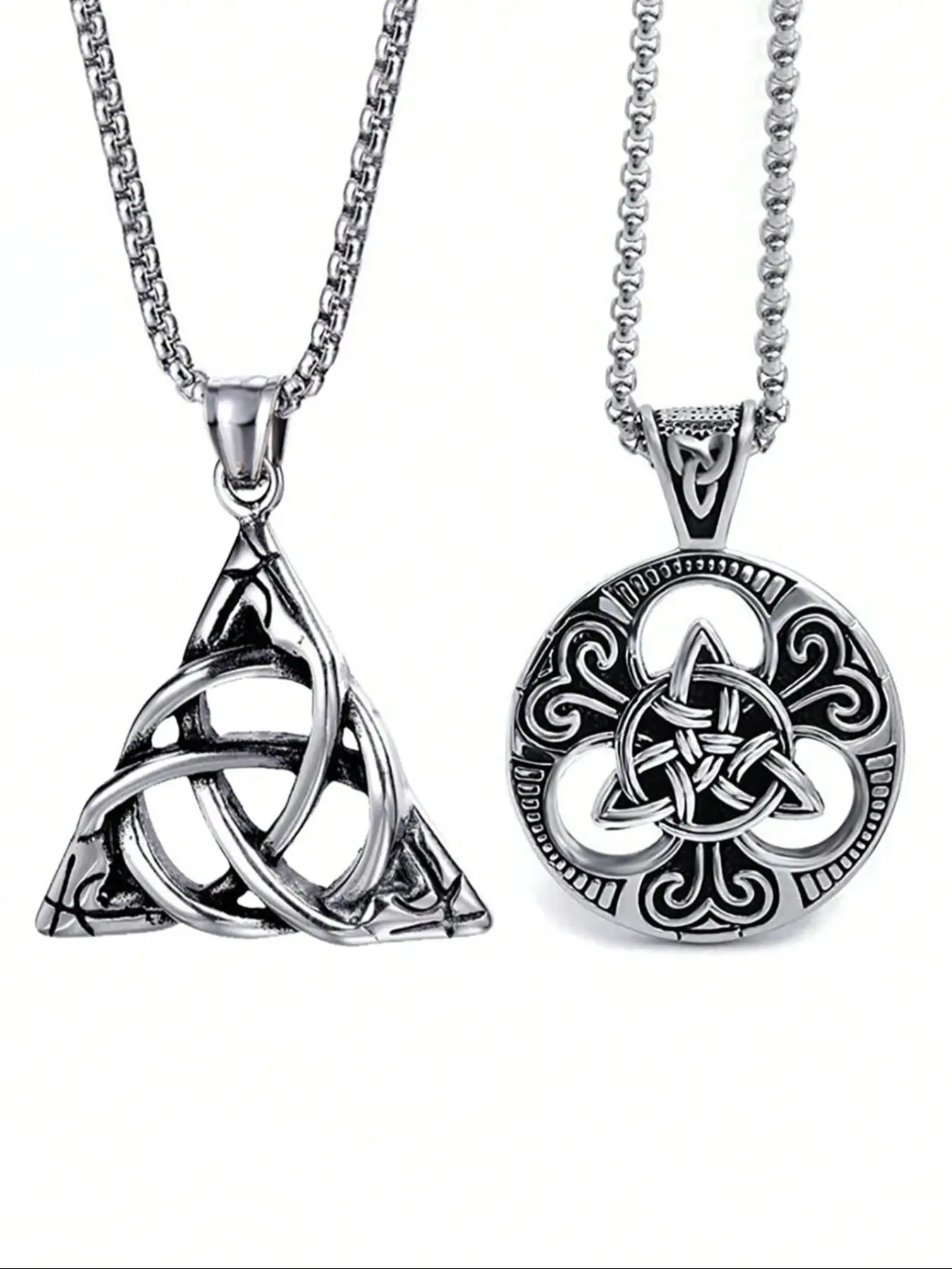 Vintage Irish Celtic Knot Pendant Charms Necklace Set, Round & Triangle Design, Hip Hop Punk Gothic Fashion Jewelry for Women, Stainless Steel Necklace