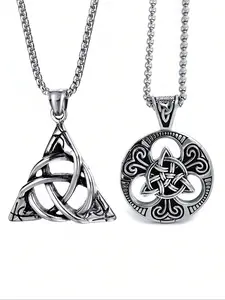 Vintage Irish Celtic Knot Pendant Charms Necklace Set, Round & Triangle Design, Hip Hop Punk Gothic Fashion Jewelry for Women