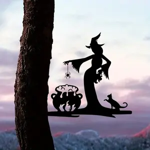 Steel Outline Metal Wall Art of Witch and Cat on Branch, Ideal Outdoor Garden Decoration, Perfect Halloween Gift and Home Decor