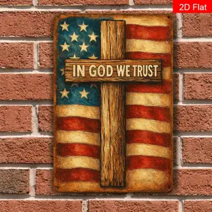 2D Flat Single Piece We Believe In God Patriotic American Flag and Cross Decorative Sign for Home Wall Artwork 8x12 Inches Vintage Christian Wall Decor Suitable for Living Room Bedroom