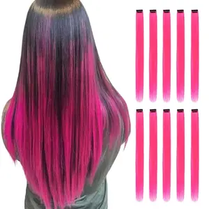 Pink Clip in Hair Extensions 22 Inch 10 Pcs Long Straight Colored Synthetic for Women Highlight Party