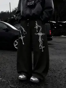 Men's Gothic Cross Sword Straight Leg Pants, Geometric Print, Dark Gothic Aesthetic, Soft Breathable Fabric, Loose Fit Jeans, Streetwear