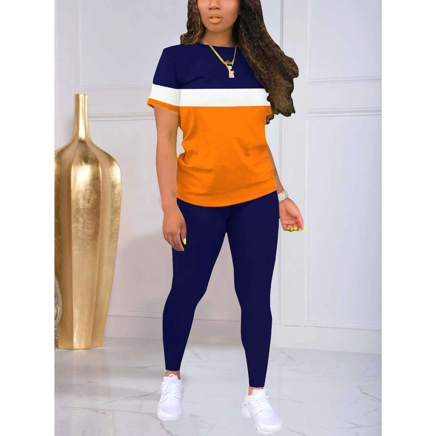 Women's Casual 2-Piece Tracksuit Set - Matching Activewear Set with Color-Block Round Neck Short Sleeve Top & Trousers for Home, Fitness, Two Piece Sets