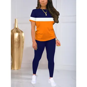 Women's summer round neck short-sleeved trousers suit for leisure sports at home, classic splicing color matching summer basic style