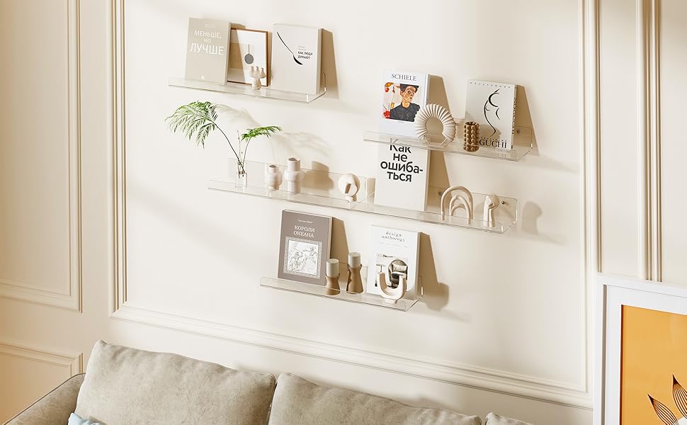 4 Pack Floating Shelves for Wall 15” Clear Acrylic Wall Shelf, Invisible Book Shelves, Wall Display Organizer, Home Decor Gift for Bedroom, Bathroom, Kitchen