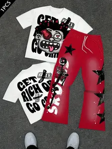 Two-piece men's casual street style crew neck short-sleeved T-shirt and flared sweatpants set with fun portrait and letter patterns