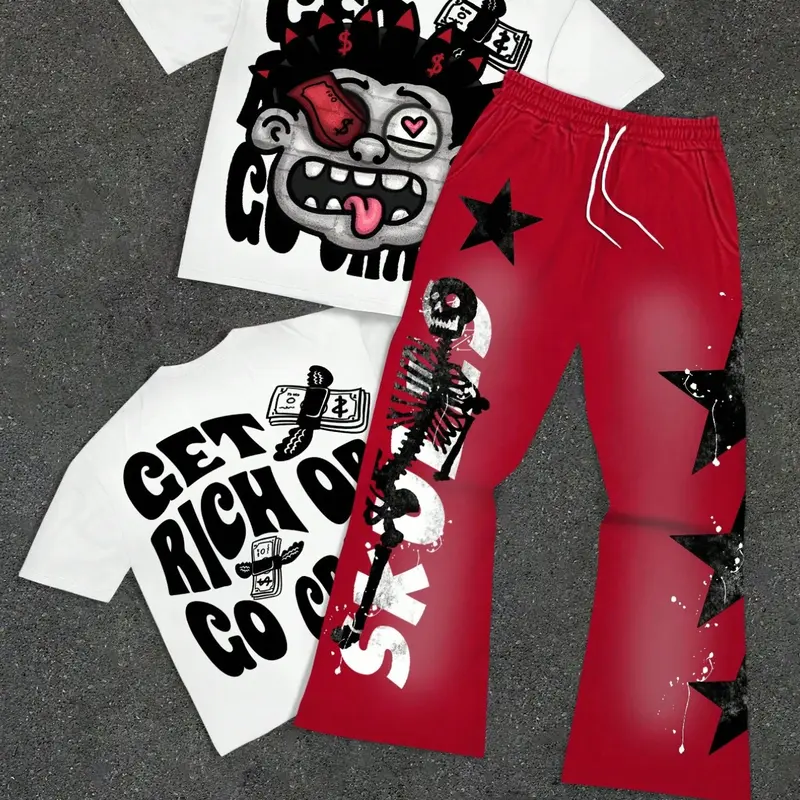 Two-piece men's casual street style crew neck short-sleeved T-shirt and flared sweatpants set with fun portrait and letter print patterns Outfit