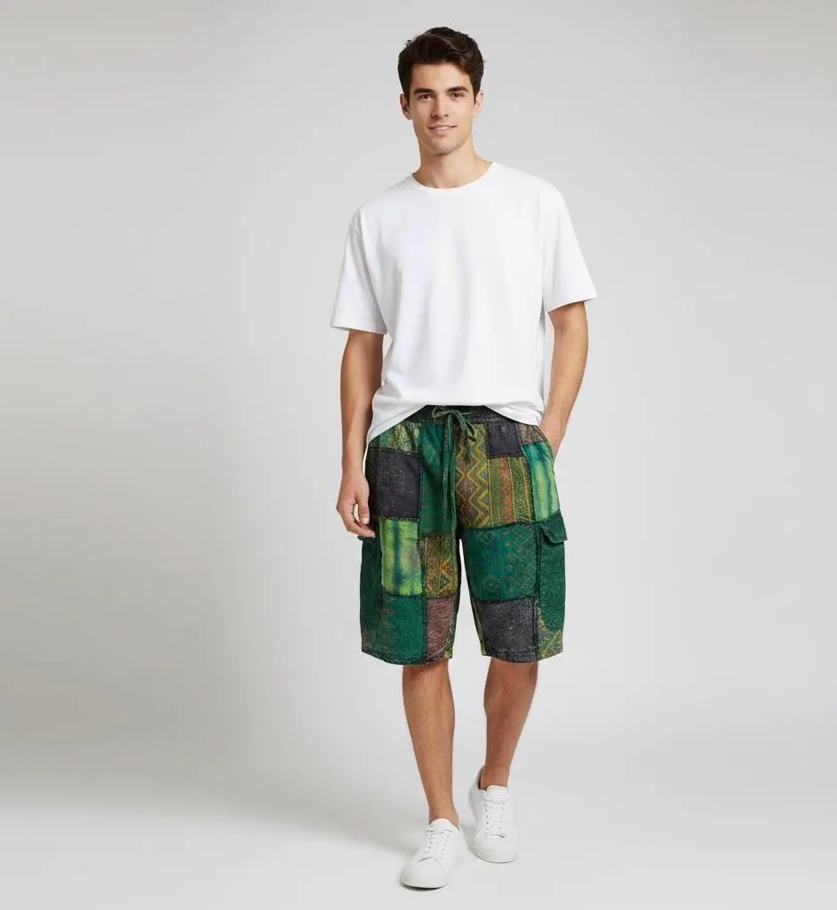 Men's Patchwork Cargo Shorts | Boho Hippie Festival Shorts | Vintage Cotton Beachwear