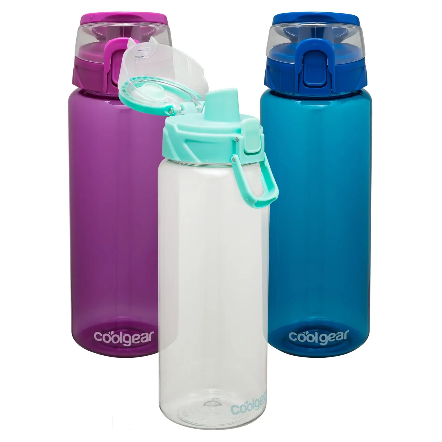 Cool Gear 3-Pack 32 oz Tritan Plastic Cylinder Reusable Water Bottles with Halo Top Lid, Body-Safe, Anti-Leak, Dishwasher Safe, Shatter-Resistant, Easy Carry Loop Variety Pack, Body-Safe Water Bottles