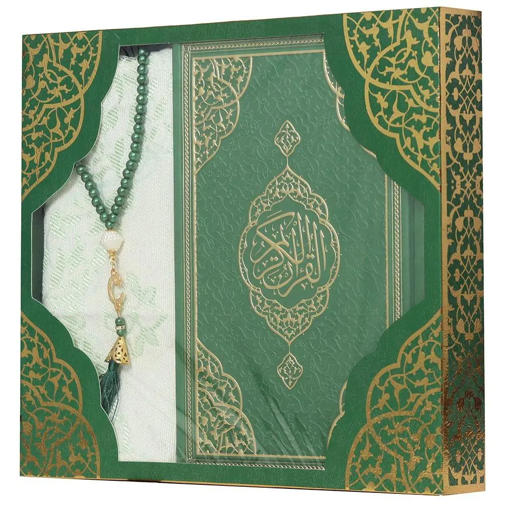 Prayer Rug Gift Box Set - With Quran & Prayer Beads Green