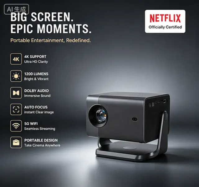VOPLLS Netflix Officially Certified Projector with 4K Support, 1200 Lumens, Dolby Audio, Auto Focus & WiFi，Portable Outdoor Projector, Movie Home Theater Projectors for Bedroom/Ceiling