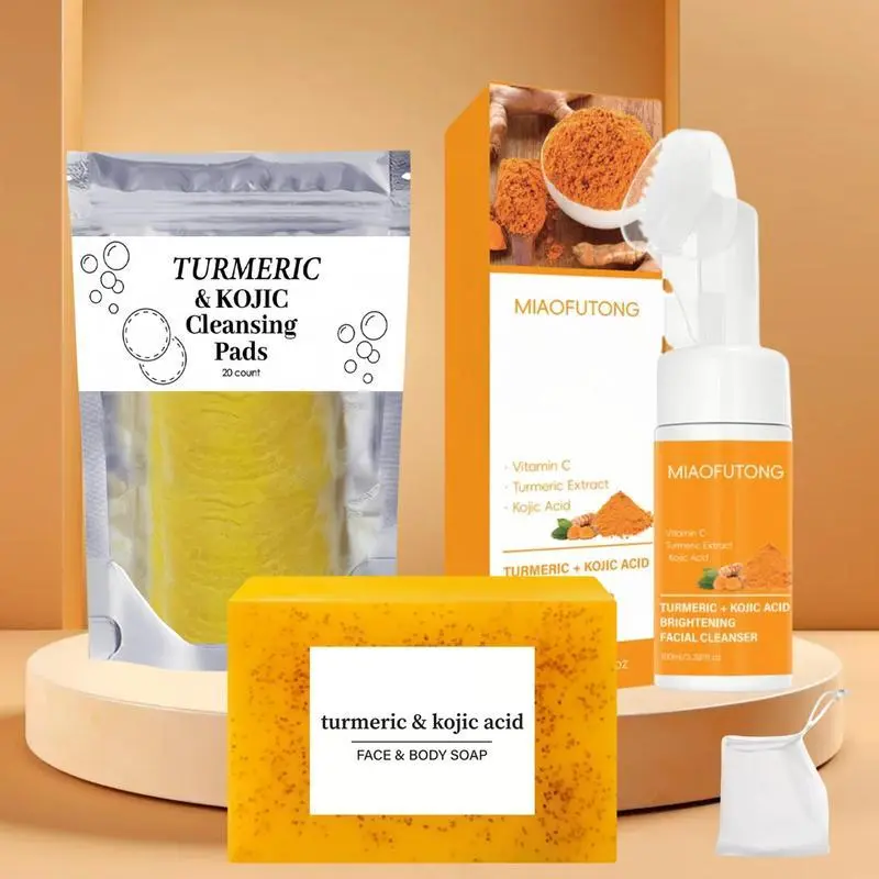 Turmeric Cleansing Set, Nourishing Turmeric Soap & Cleansing Pad & Mousse Cleanser & Oil, Deep Cleansing Skin Care Kit for Women & Men, Facial, Turmeric Cleansing Pads