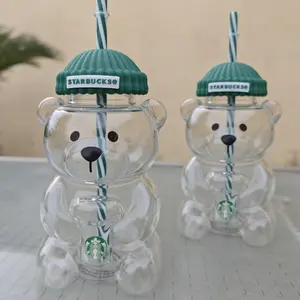 2026 Bearista Glass Straw Cup Teddy Bear Design,Environmentally Friendly Reusable Drink Containers, Great for Office as Well as Home Use coffee, beer, juice, wine, and cocktails