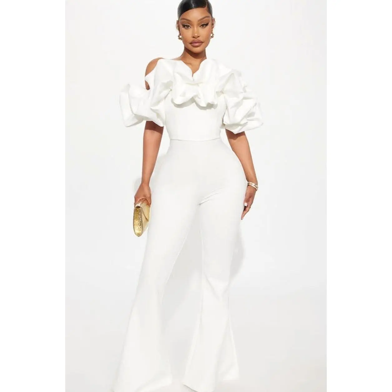 Women's Ruffle Affair Overalls Jumpsuit - White B, Zipper Closure, Spandex-Nylon Shell Fabric, Leg