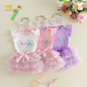 Baby Girl First Birthday Outfit Letter Flying Sleeve Beautiful Romper Tulle Skirt And Bow Headband 3 Piece Summer Set