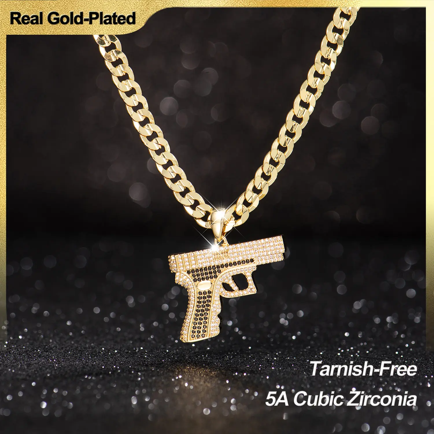 Holylegend 14K Real Gold-Plated Gun Pendant Necklace with AAAA CZ Diamonds, Streetwear Cuban and Rope Chain Jewelry, Bling Accessories Gift for Him, Men's Iced Out Hip Hop Chain,High End Necklace,Necklaces Men,Father's Day Gift