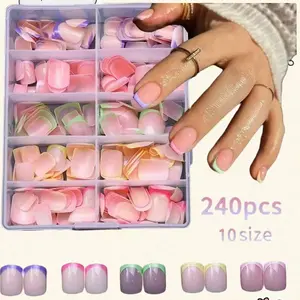240pcs Square Short Press-On Nails, Rainbow Six Color French Tip Design, Full Coverage Artificial Nails, Smooth Cute Nail Tips for Women, Fake Nails