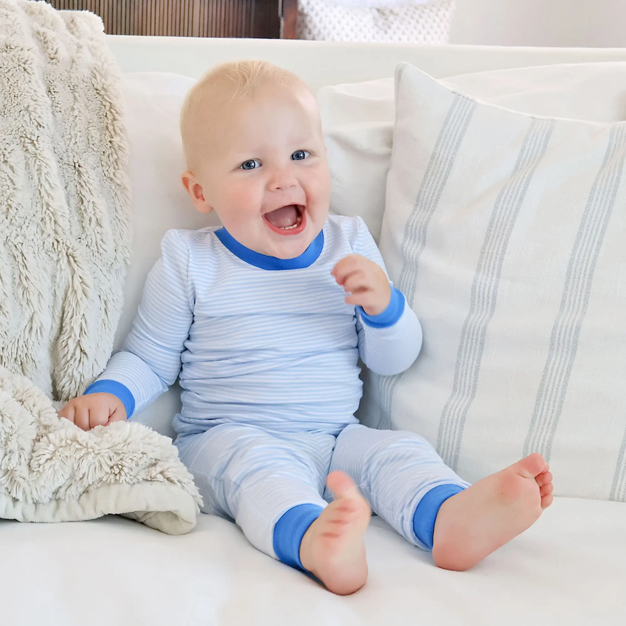 Light Blue Stripe Pajamas with Royal Blue Trim - Soft Long Sleeve PJ Set for Kids