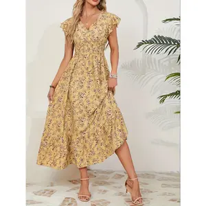 Cute Yellow Floral Midi Dress Ruffle Sleeve Smocked Waist Tiered Hem - Perfect for Summer Brunch/Beach Days,FloralDress,SummerOutfit,empire waist dress