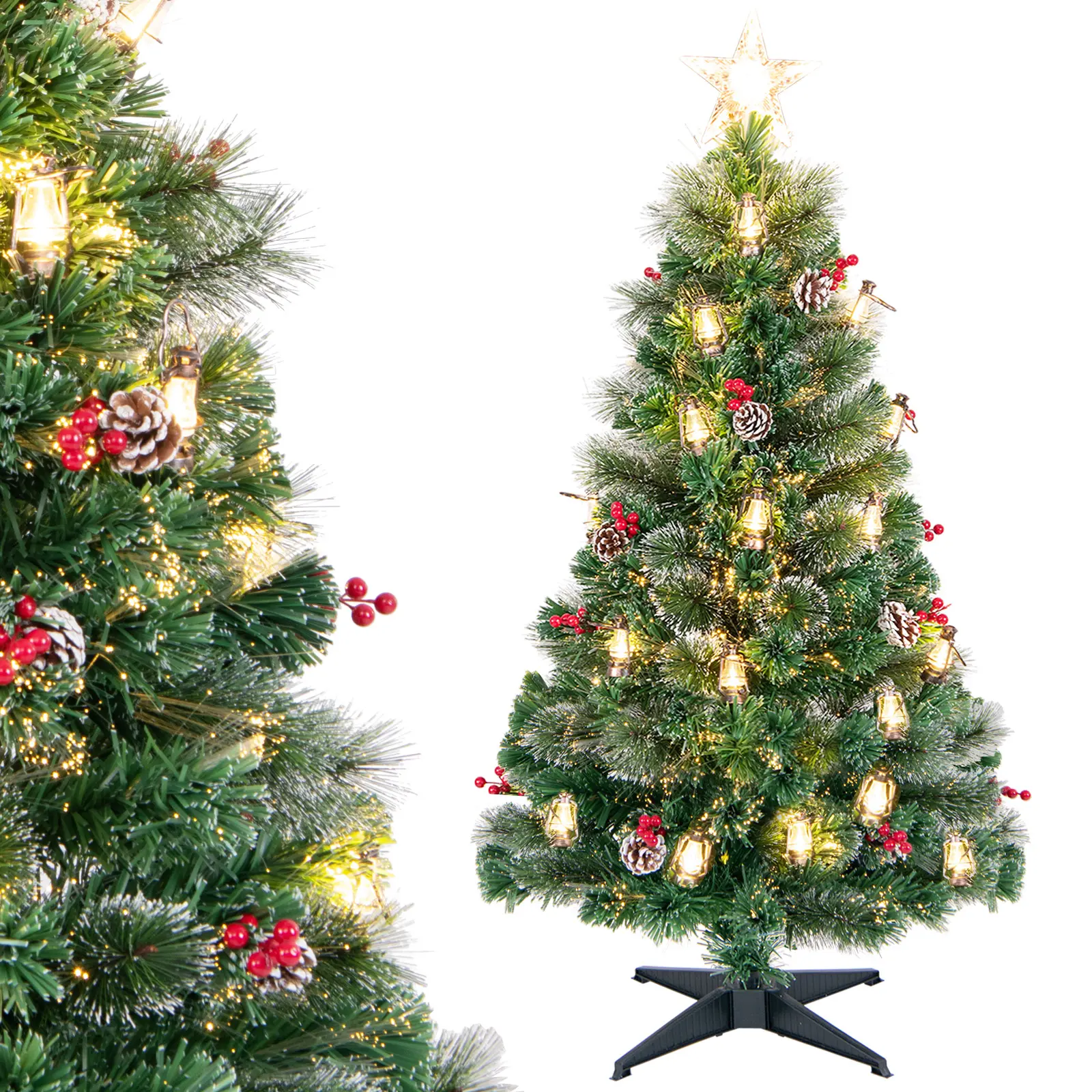 COSTWAY - 5 Feet Artificial Christmas Tree with Red Berries and Kerosene Lamps