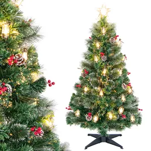 COSTWAY - 5 Feet Artificial Christmas Tree with Red Berries and Kerosene Lamps