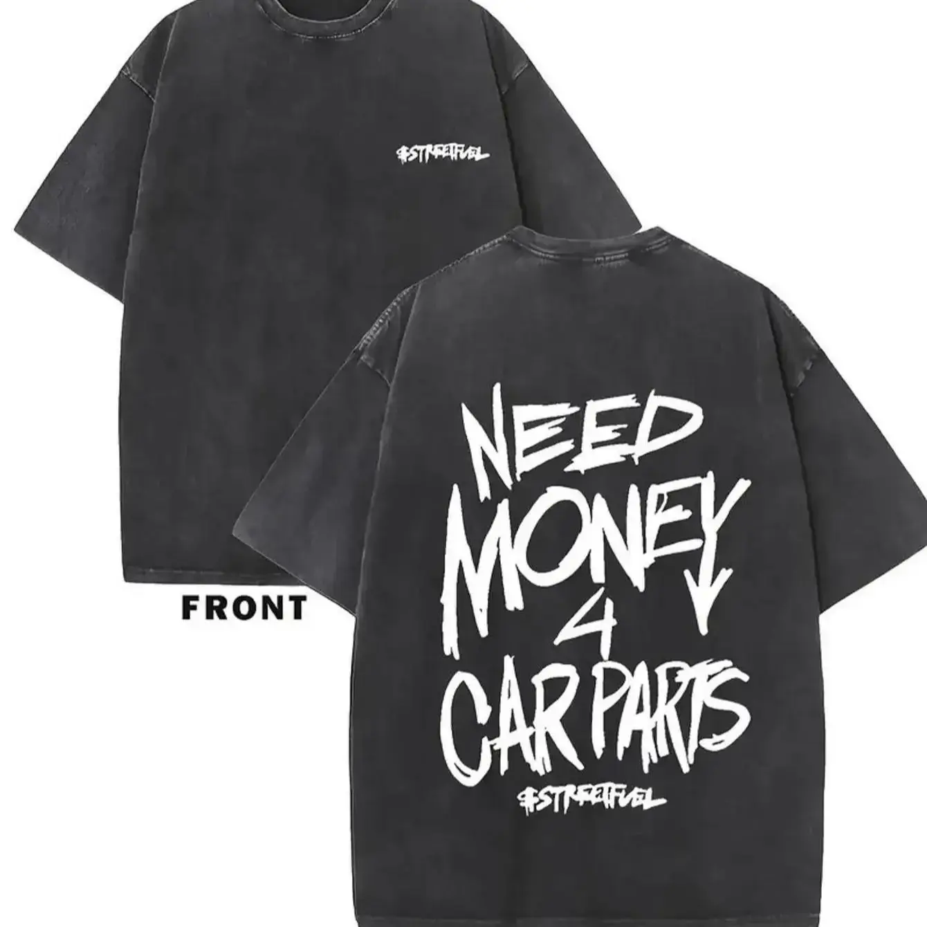 Men's 230GSM Heavyweight Cotton Distressed Vintage Tshirt - 1pc Round Neck Short-Sleeve Streetwear Top, Black with "NEED MONEY for CARS" Graphic, for Car Enthusiasts, Machine Washable All-Season