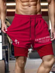 Men's Regular Fit Letter Print 2 in 1 Athletic Shorts, Casual Comfy Breathable Shorts for Daily Wear, Men's Bottoms for Summer
