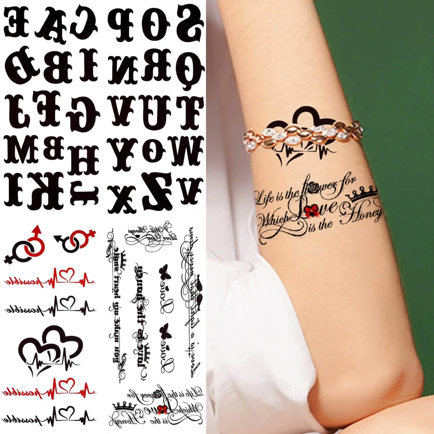 Letter Temporary Tattoo, 5-Pack Words Fake Tattoos, Long-lasting Realistic Tattoos Stickers for Body Finger Wrist, Mark for Women Men Adults Party Supplies Favors