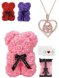 Rose Bear Gift Box Set, Includes Teddy Pendant Necklace, Realistic Rose Flowers, Greeting Card & Gift Bag, Perfect Birthday Jewelry Gift for Women Girls