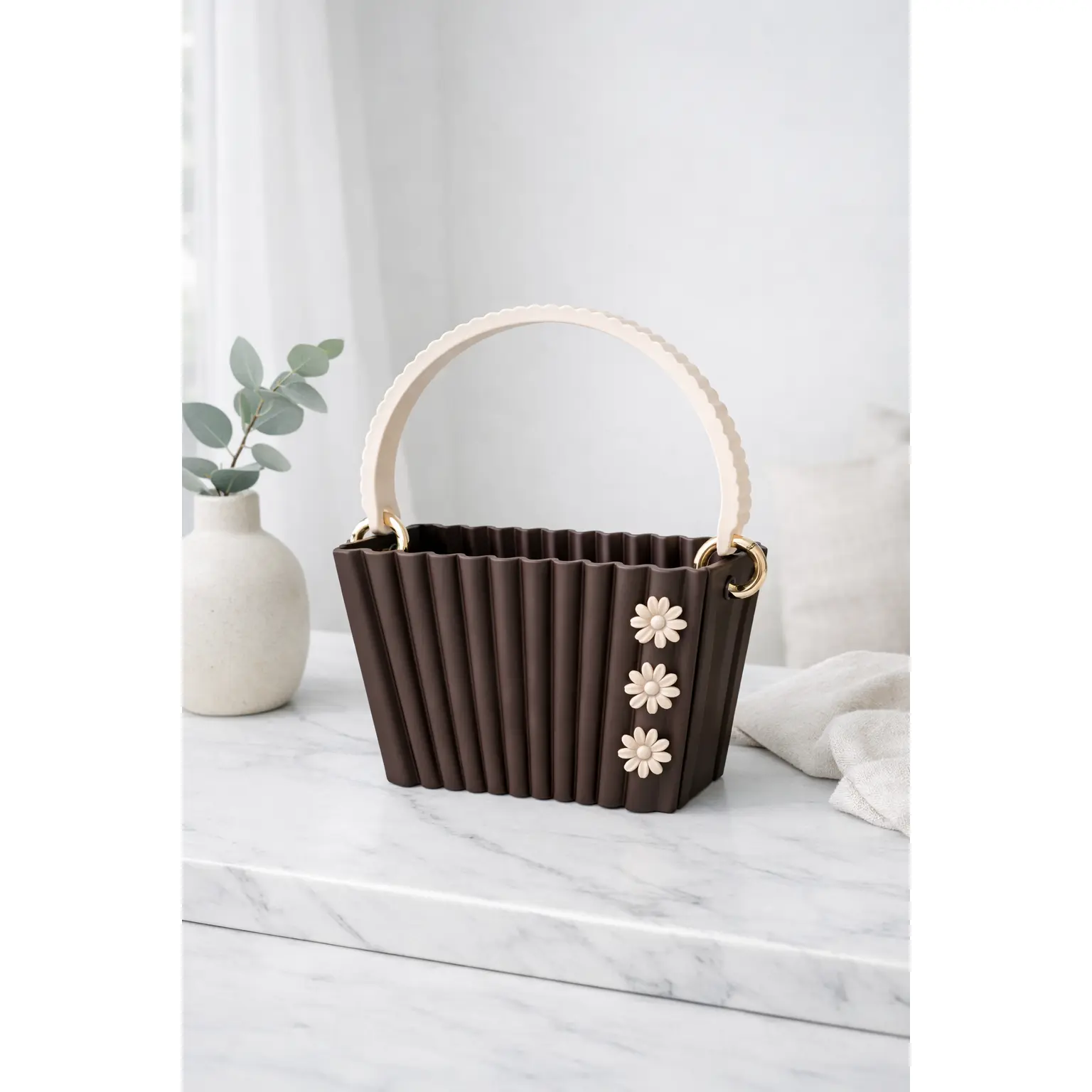 Minimalist Sculpted Tote Bag, Hand-Finished 3D Printed PLA Plastic with a Ribbed Texture and Daisy Accents