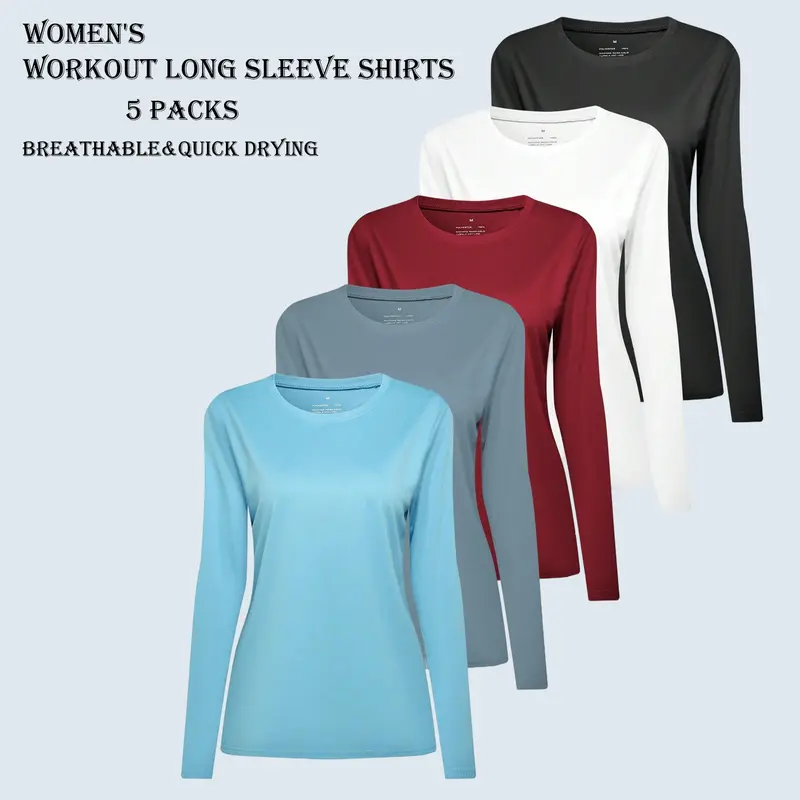 Women's 5-Pack Long Sleeve Breathable Athletics Fitness Activewear Workout Tops, Sweat-Absorbent Lightweight UV-Safe Outdoor Clothes for Women, Ideal for Gym, Hiking (Variety Pack)