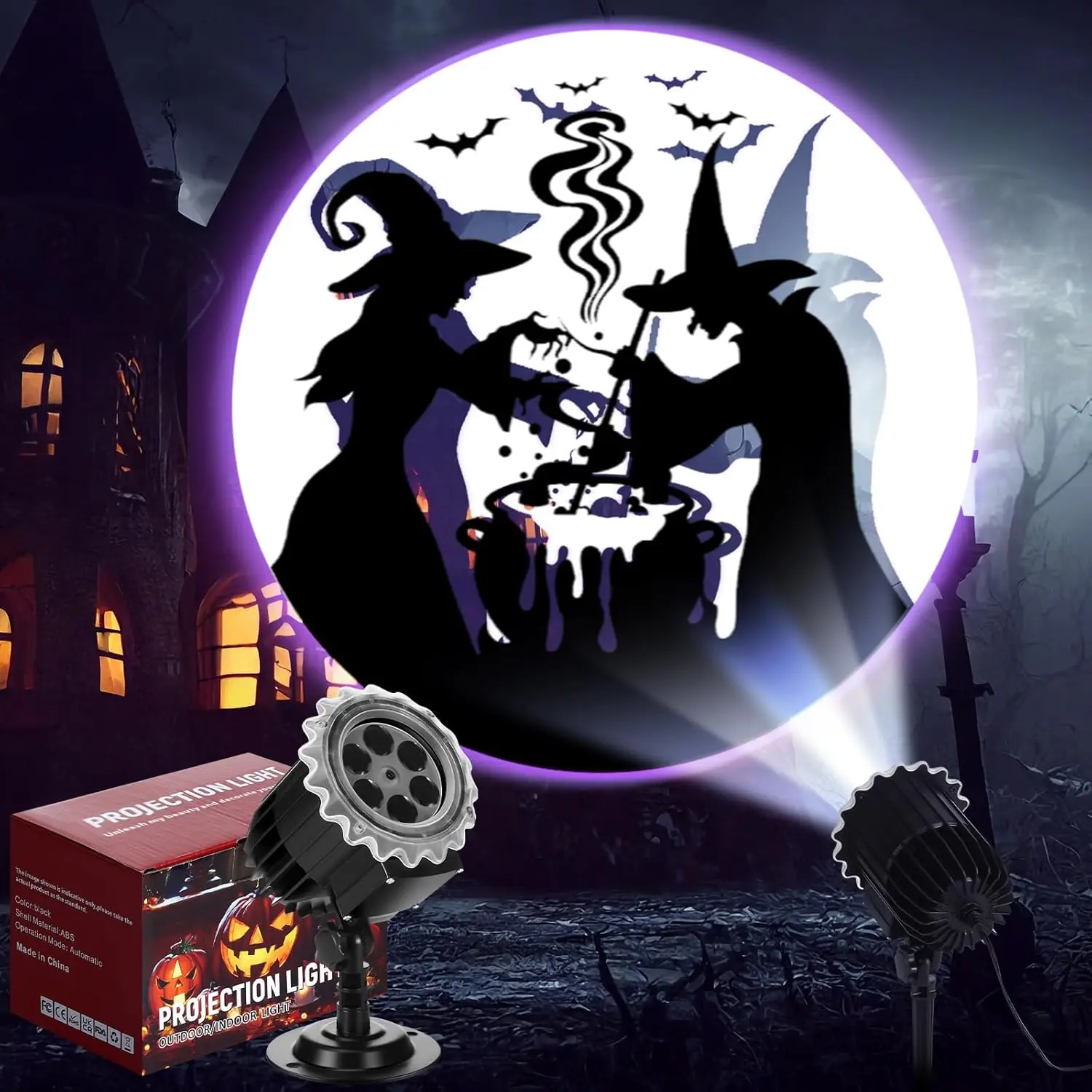 Halloween LED Projector Light with 1 Witches Poison Film Slide, Waterproof Outdoor Compact Portable Black Body Easy-to-Transport Rotation Landscape Decor for Garden Party